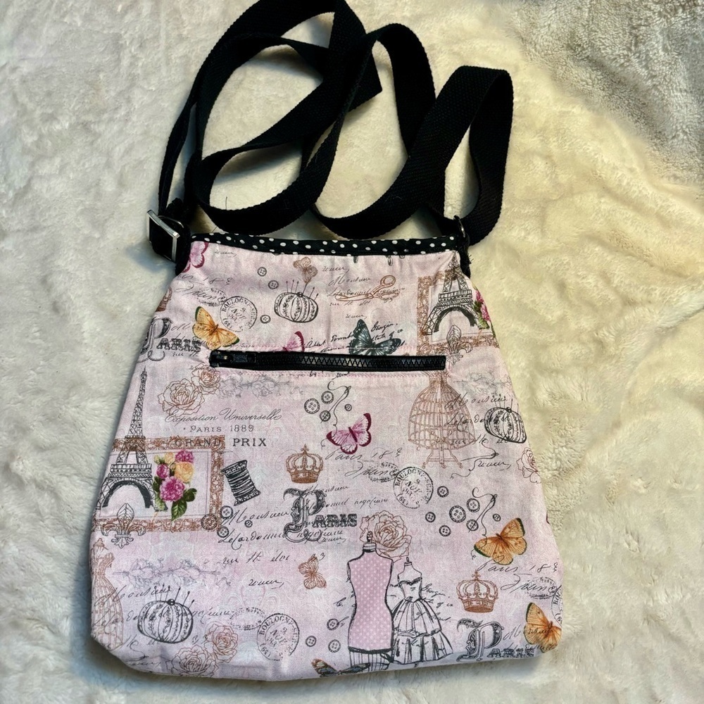 Paris Crossbody Bag Pastel Pink Fabric Black Trim Canvas Strap Zipper Closure